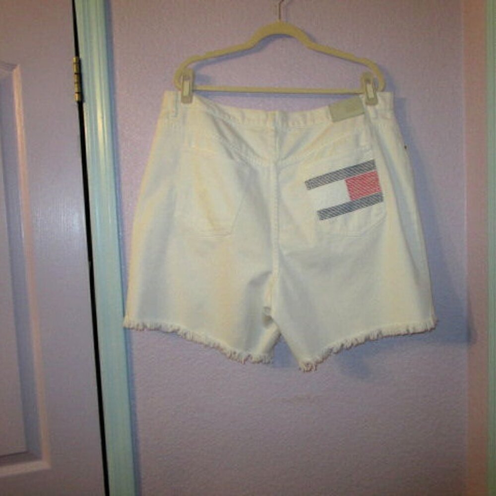 Vtg Y2K Tommy Hilfiger Denim Flag Shorts Size 18 High Rise Cut Offs Embroidered